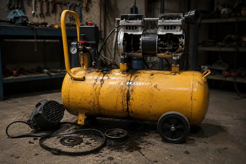 Compressor de ar amarelo quebrado, com a correia solta, na oficina da Consertaqui