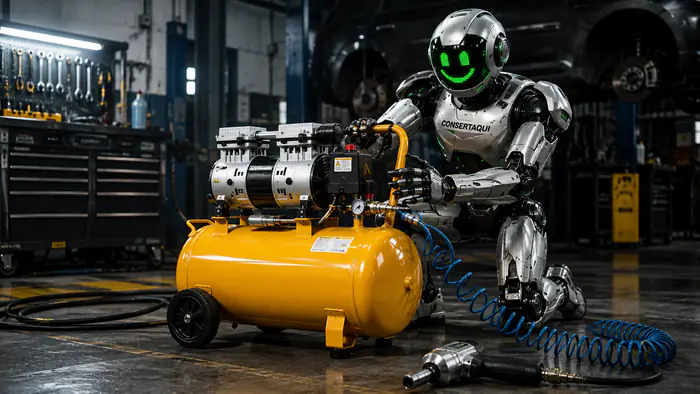 Compressor de ar restaurado pela Consertaqui, testado e funcionando na oficina