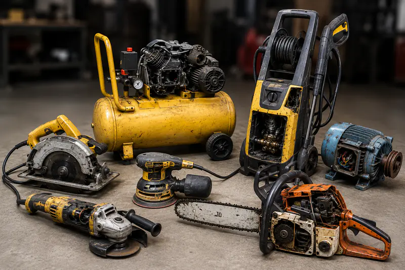 Esmerilhadeira, serra, lixadeira, motosserra, lavadora, compressor e motor elétrico abertos na oficina